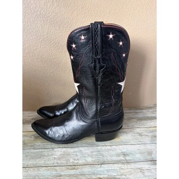 Lucchese Classics Star Inlay Cowboy Boots Black Leather USA Vintage 10.5 w/FLAW